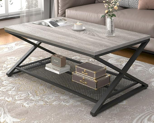 LVB Gray Coffee Table with Storage, Farmhouse Metal Wood 2 Tier Center Table for Living Room, Industrial Wooden Rectangular Concrete Tables with Mesh Shelf for Office Bedroom, 39 inch, Light Grey Oak