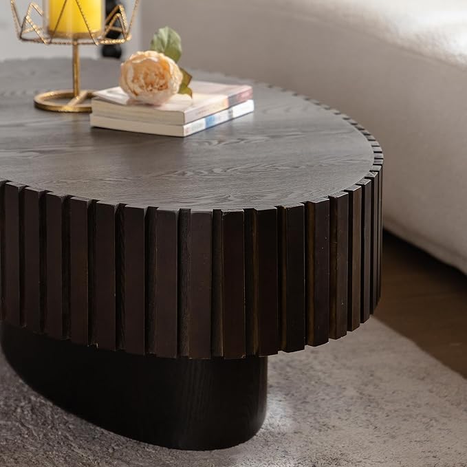 43.31" Oval Drum Coffee Table, Modern Handcraft Fluted Drum Center Table, Wooden Oval Coffee Table Center Table with Sturdy Pedestal for Living Room Apartment (Walnut+Black)