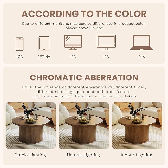 SoarFlash 31.5 Inch Fluted Coffee Table, Mid Century Modern Round Coffee Table, Center Table with Sliding Door and Wood Fluted Handle for Living Room, Brown