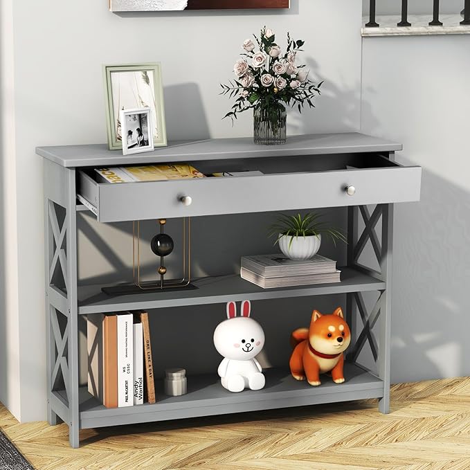 GOFLAME 39" Console Sofa Table with Drawers, 3-Tier Narrow Entry Table with Storage Shelves for Living Room Behind Couch, Entryway, Hallway (Grey)