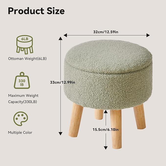 IBUYKE 13 Inch Foot Stool Ottoman with Storage, Round Small Foot Rest with Padded Seat and Wood Legs, Teddy Velvet Mini Footstool for Living Room Couch Bedroom Entryway, Green WBD006GR