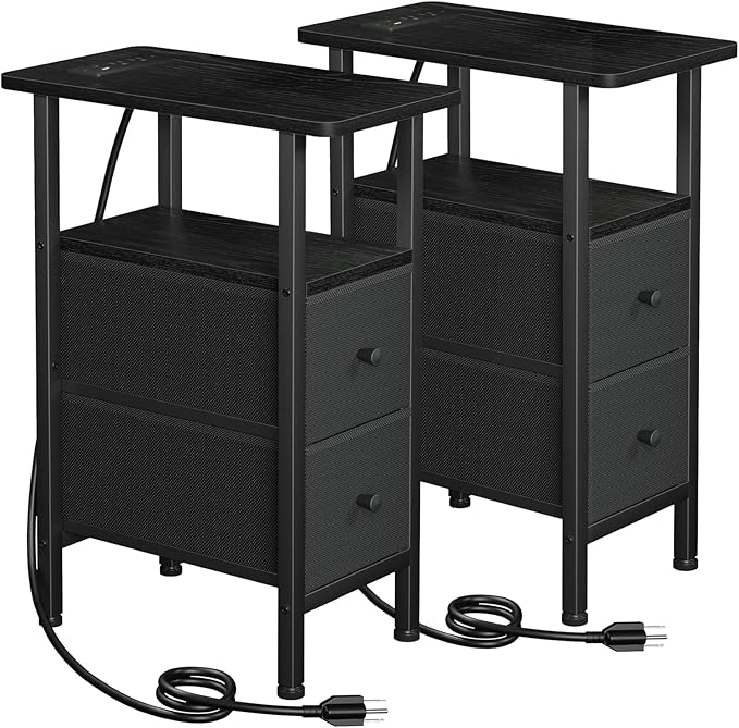 Narrow Nightstand with Charging Station, End Tables Living Room Set of 2, Skinny Side Table with Fabric Drawers, Slim Sofa Table for Bedroom, Small Spaces, Couch, Black, HETNDP02BK