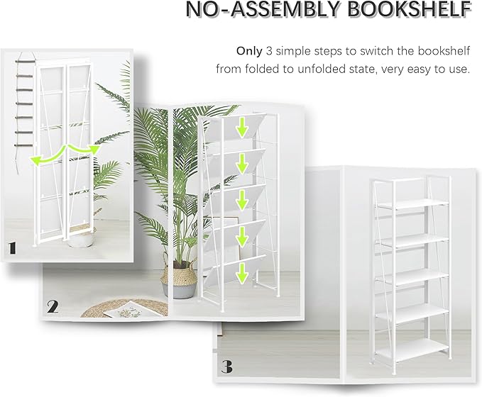 4NM No Assembly Folding Bookshelf, 5-Shelf 62.2" H Collapsible Foldable Bookcase Storage for Small Spaces, All White