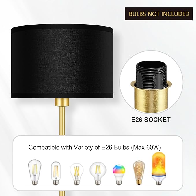 Floor Lamp, Black Standing Lamp, 58" Tall Lamps for Living Room, Simple Pole Lamp with Black Lampshade, On/Off Foot Pedal, Bright Dimming Light for Kids Room Bedroom Office Decor - Gold(No Bulb)