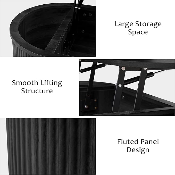 ORRD Lift Top Coffee Table, Fluted Coffee Table with Lifting Top, Wooden Lift Up Dining Table with Hidden Compartment, Center Table for Living Room, Office - Black