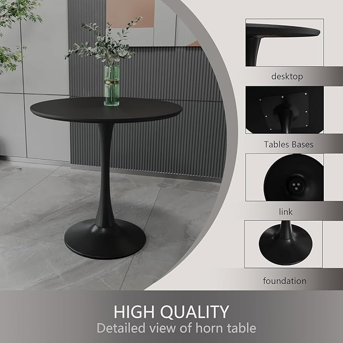 Round Dining Table, Modern Tulip Table, 31.5‘’Mid-Century Round Leisure Table with Metal Base for 2-4 Person, Suitable for Living Room, Kitchen, Cafe and Home Office(Black)