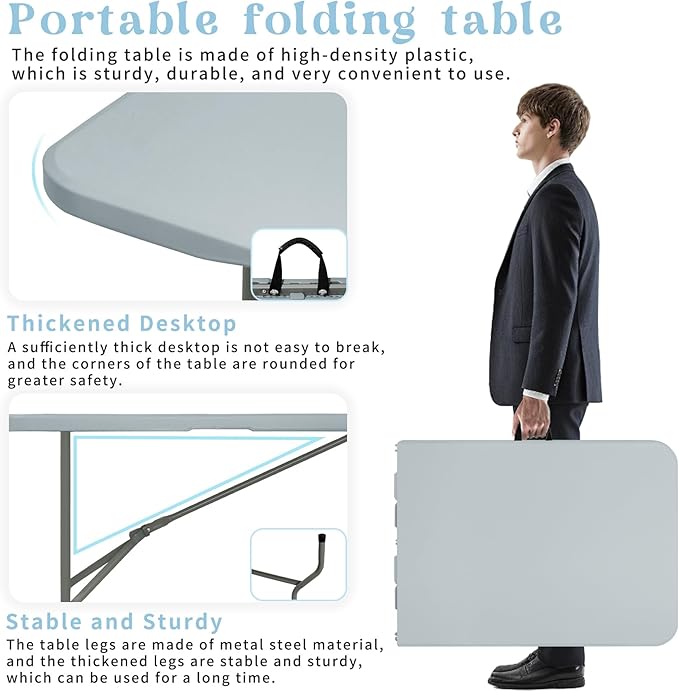 Folding Table 6 FT Camping Table Portable Plastic Rectangular Outdoor Dining Table Steel Legs Fold-in-Half with Carrying Handle for Indoor,Picnic,Party,Wedding,Events(Grey)