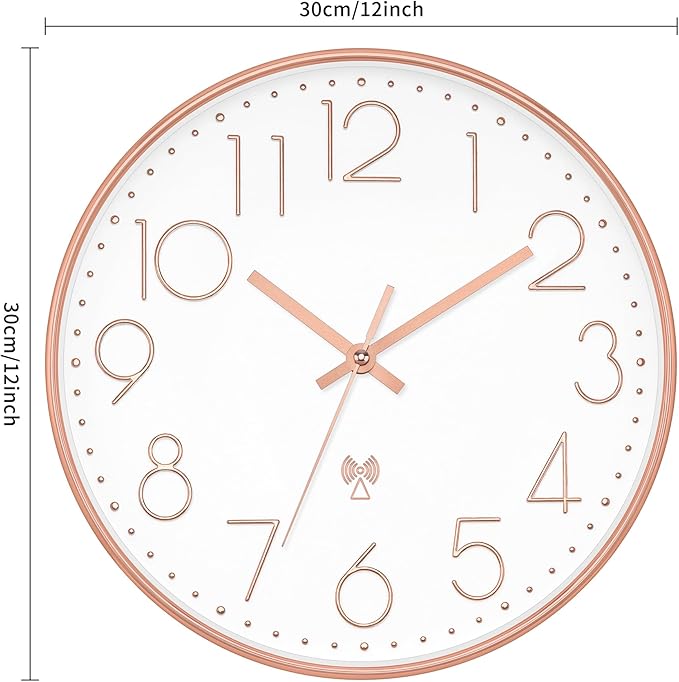 Foxtop Atomic Wall Clock Battery Operated Round Analog Modern Wall Clock Sets Automatically for Office Classroom Bedroom Kitchen Living Room (Rose Gold)