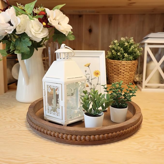 Wood Decorative Serving Tray with Bead, Round Vintage Wooden Ottoman Tray for Home Centerpiece, Counter Organizer, 13” Circle Tray for Kitchen, Living Room (Rustic Brown)