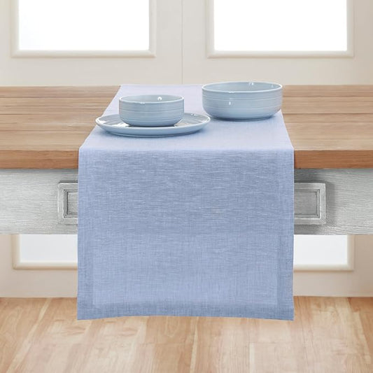 Solino Home Linen Table Runner 60 Inches - 100% Pure Linen Chambray Blue Table Runner 14 x 60 Inch Ideal for Dresser and Coffee Tables - Athena - Christmas
