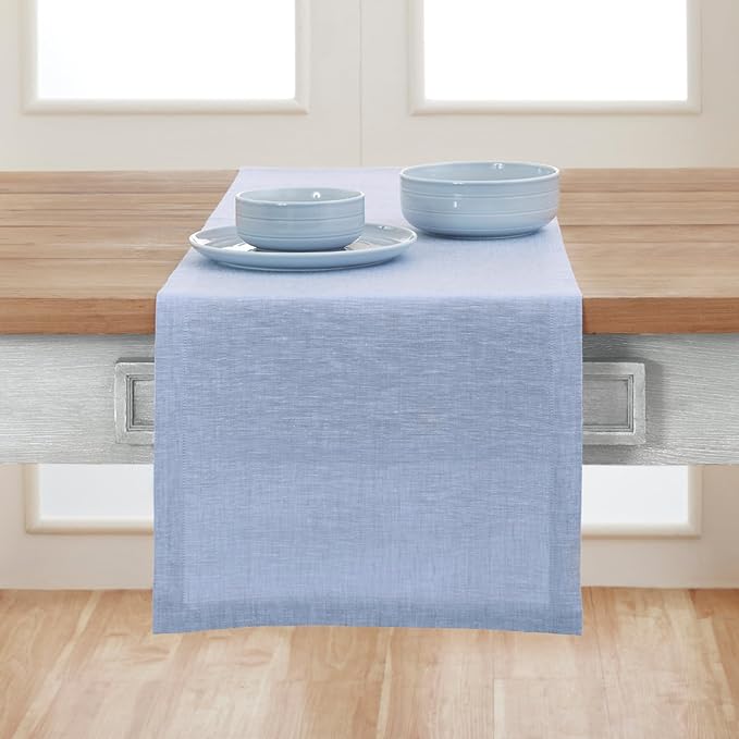 Solino Home Linen Table Runner 36 Inches - 100% Pure Linen Chambray Blue Table Runner 14 x 36 Inch Ideal for Dresser and Coffee Tables - Athena