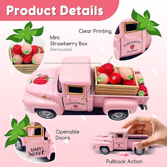 Strawberry Decor 5 Inch Vintage Truck with Mini Fake Strawberries and Wooden Crate Farmhouse Tiered Tray Decor Berry Sweet Summer Kitchen Centerpieces for Tables Strawberry Shortcake Decorations