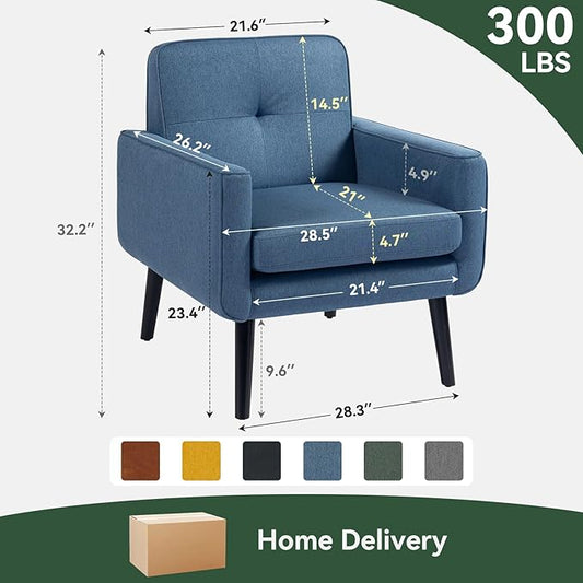 Mid Century Accent Chair, Fabric Modern Chair with Wooden Frame, Cozy Armchair Reading Chair with Comfy Back for Apartment, Living Room, Bedroom, Waiting Room, Small Space, Corner, Blue