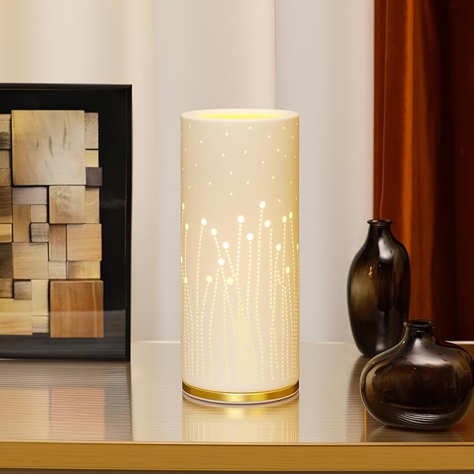 Small Modern Ceramics Bedside Table Lamp, 4.5 x 4.5 x 9.75 Inch White Firework Style Nightstand Lamps, Side Table Lamps for Bedroom Living Room Entryway Table Light