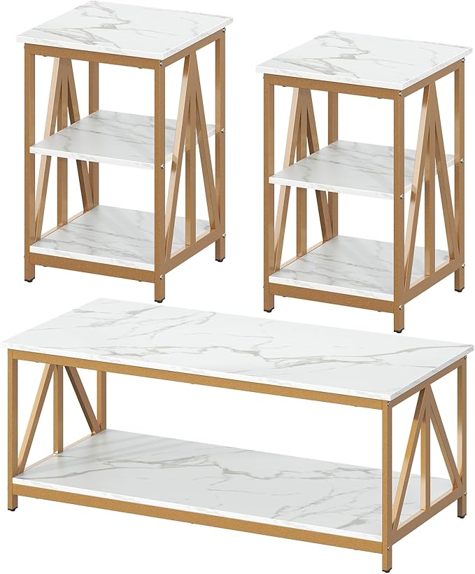 Bigbiglife Living Room Coffee Table Set of 3, Industrial Triangular-Design Coffee Table and 2 End Side Tables, 3 Piece Living Room Table Set with Large Storage for Apartment Home (Marble White)