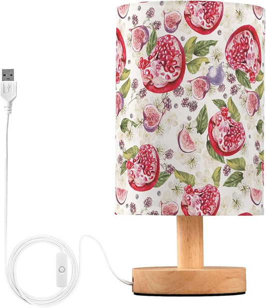 Table Lamp Watercolor Pomegranate BlackBerry Fig Fruit with Flower Pattern Nightstand Lamp with Wood Base Fabric Lamp Shade Bedside Desk Lamp for Living Room Bedroom Kids Room Office