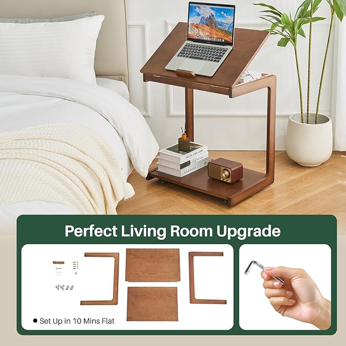 C Shaped Rolling End Table with Wheels - Solid Wood Side Table for Couch, Wooden Modern Tv Tray Bedside Tables for Sofa Armchair Living Room Bedroom, Walnut, 15.4 in x 23.6 in x 24.8 in