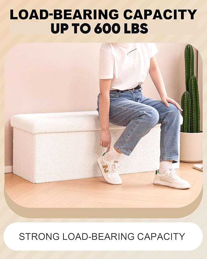 B FSOBEIIALEO Small Storage Ottoman Cube Sherpa Ottomans Foot Rest, Foldable Boucle Ottoman Bench, Faux Teddy Fur, Cream White 43.3"x15"x15"