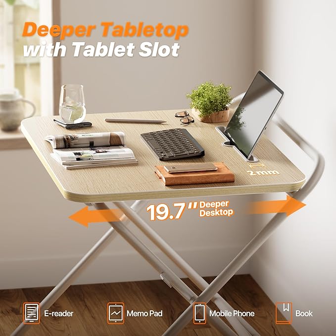 Huuger Folding Desk with 3-Level Adjustable Height and Tablet Slot, 24 Inch Foldable Computer Desk for Small Spaces, Space Saving, Writing Work Table for Home Office, Bedroom, Study, Oak