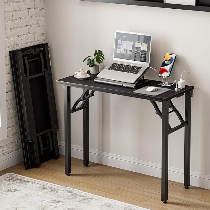Frylr Small Folding Computer Desk – 35.8 Inch Portable Table for Craft and Study, Lightweight Desk for Small Spaces, Foldable Laptop Table Built-in AC/USB Outlets for Convenience, Charcoal Wenge