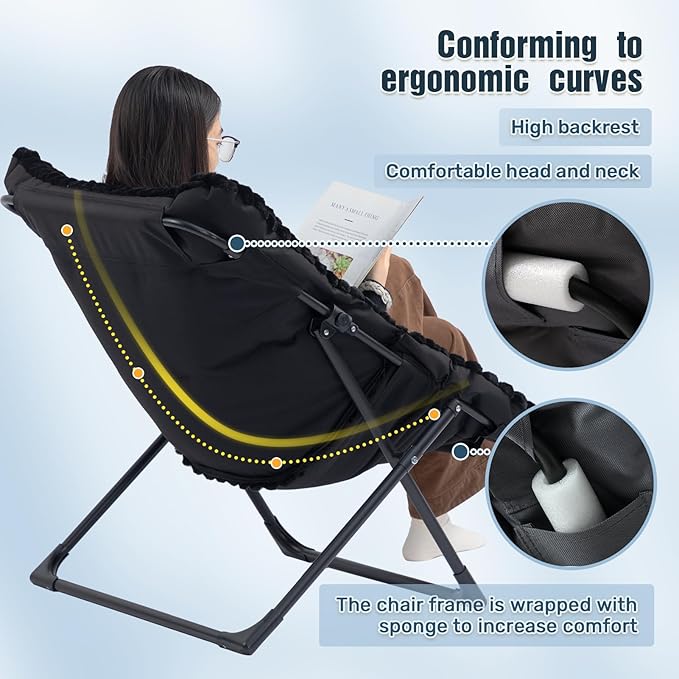 HollyHOME X-Large Saucer Chair, Comfy Oversized Folding Chair, Faux-Fur Reading Chair for Teens, Adults, Foldable Accent Lazy Chair, Metal Lounge Chair for Living Room, Bedroom, Dorm, Grid Black