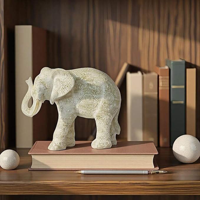 Guichifun Elephant Statues Decor Collectible Figurines - Cream Resin Boho Elephant Decoration Handmade Brings Good Luck Health for Living Room Shelf Office Gifts for Women 7.25 x 3.25 x 5.75 Inch