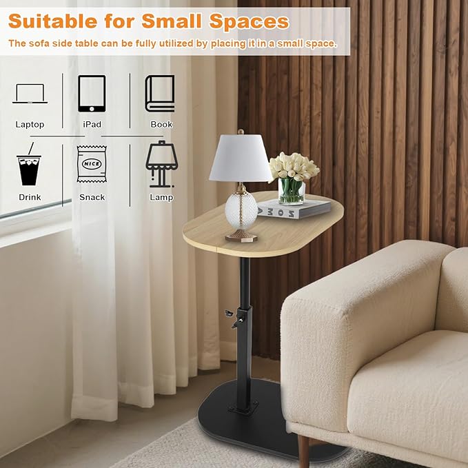 Side Table TV Tray for Couch,Height Adjustable 360° Swivel C Shaped End Table for Small Spaces,Bedside Bathroom Living Room(Original Wood)