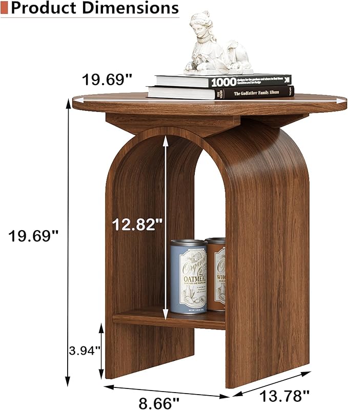Side Table Set of 2, Round Coffee Table for Living Room, 2-Tier end Table with Storage and Thickened Tabletop, Modern Center Table Boho Small Bed Side Table for Living Room Office, Walnut