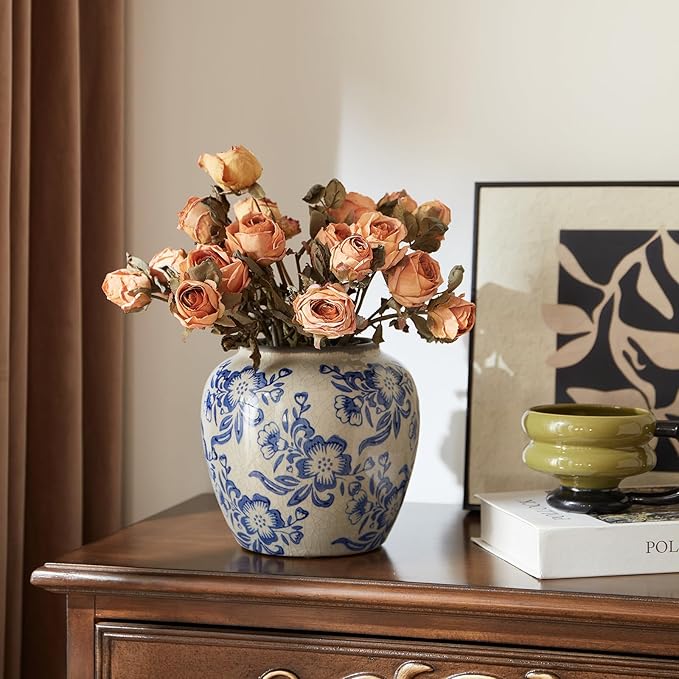 Blue and White Vases, Ceramic vases for Home Decor, Farmhouse Flower vase, Blue vase for Living Room Decor, Vintage Vase for Console Table Mantle Chinoiserie Decor