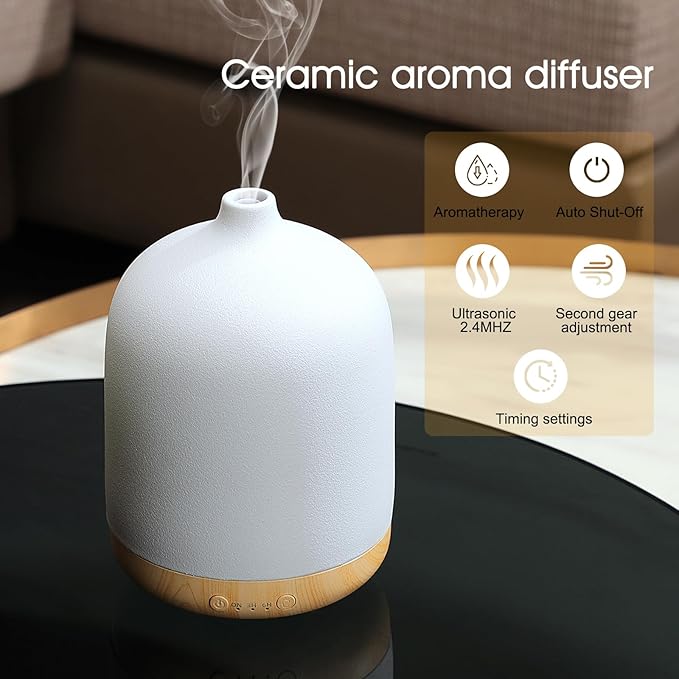 Ceramic Essential Oil Diffusers for Home, Decorative Bedroom Aromatherapy Scent Air Diffuser Ultrasonic Aroma Defusers 250ml with Timed-Wood Grain+White