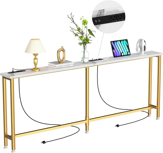 78Inch Console Table with Outlet, Sofa Table with Charger,Skinny Hallway Table, Narrow Entryway Table,Table Behind Sofa,for Living Room,Gold & White