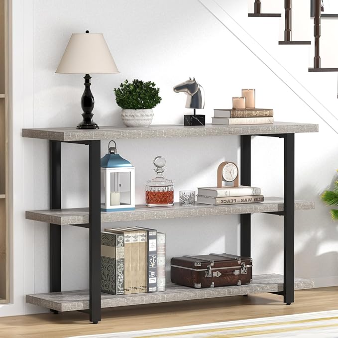 FOLUBAN Sofa Table, Wood Entryway Table with Storage Shelves for Living Room, Modern Console Tables for Hallway, Entrance, or Behind Couch, Light Grey, 47 Inch