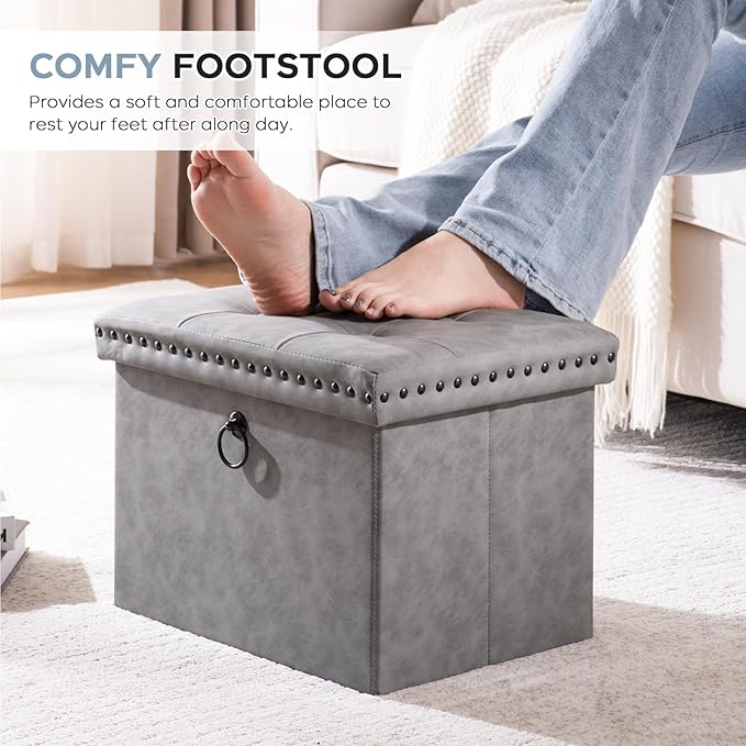 Storage Ottoman Cube 16in, Small Faux Leather Tuffed Foot Rest Stool with Rivet Design, Foldable Ottomans Footstool, Box Chest for Bedroom, Entryway, 16x12x12inches Grey, Load 242 lb, Grey