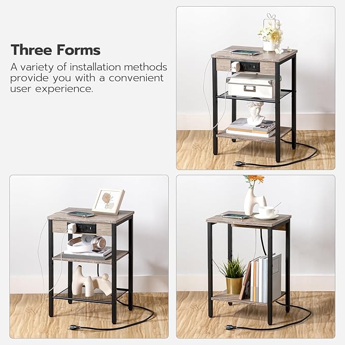 HOOBRO End Tables Set of 2 with Charging Station and USB Port, 3-Tier Nightstands with Adjustable Shelves, Small Side Tables for Small Space in Living Room, Bedroom and Balcony, Greige BG112BZP201