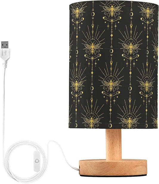 Table Lamp Gold Geometric Bee Moon Sun Stars Mystical Nightstand Lamp with Wood Base Fabric Lamp Shade Bedside Desk Lamp for Living Room Bedroom Kids Room Office