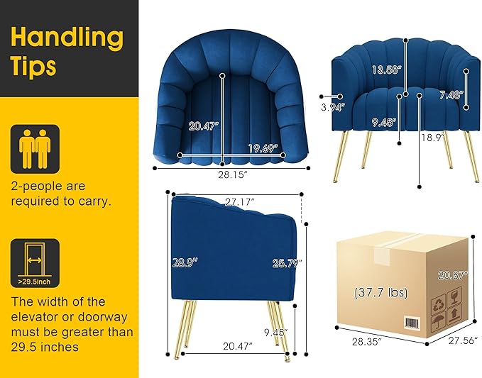 Oversized Pumpkin Couch Accent Chair, Modern Comfy Velvet Upholstered Barrel Chairs, Luxury Single Sofa Armchair for Living Room, Waiting Room, Office and Vanity, (Navy)