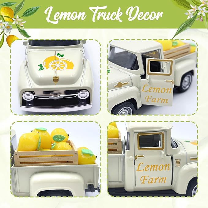 Lemon Decor Vintage Truck Decor with Mini Faux Lemons and Wooden Crate Summer Tiered Tray Decor Lemon Decorations for Home Desk Shelf Farmhouse Kitchen Centerpieces for Tables- Cream