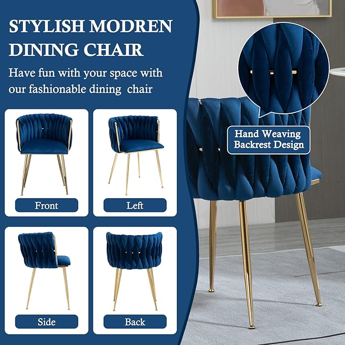 NIOIIKIT Modern Velvet Dining Chairs Hand Weaving Accent Chairs Living Room Chairs Upholstered Side Chair with Golden Metal Legs for Dining Room Kitchen Vanity Living Room (Navy)