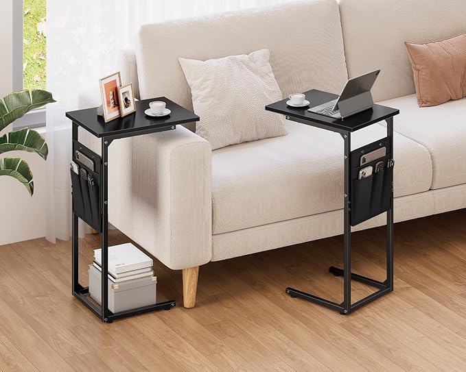 Vagusicc C Shaped End Table, Small Side Table for Couch, Couch Side Table Arm C Table for Sofa, TV Tray Slide Under Sofa Drink Table with Metal Frame for Living Room, Bedroom, Bedside, Black