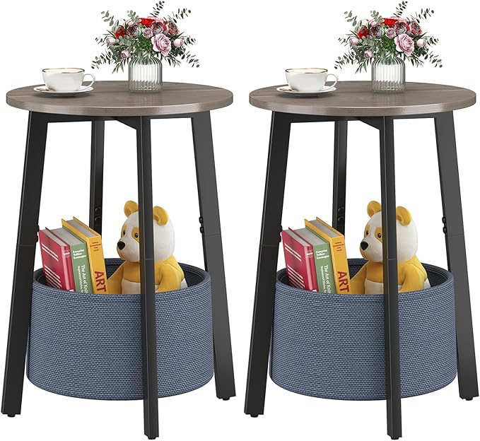 Small Round Side End Table Set of 2 with Cloth Storage Basket, Round Bedside Sofa Couch Coffee Tables for Small Places with Metal Frame, Modern Nighstands for Living Room Bedroom,Grey
