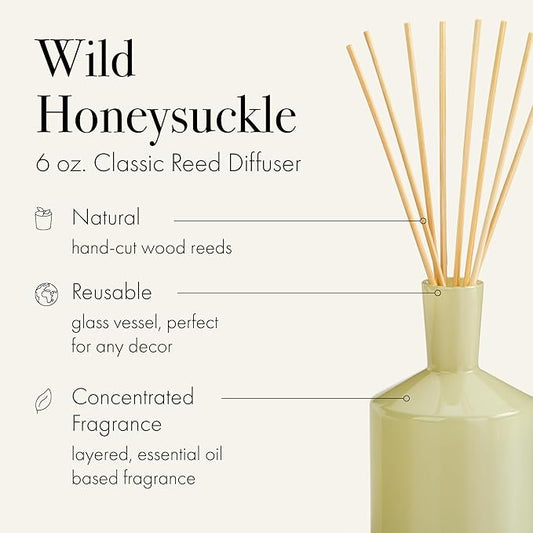 LAFCO New York Classic Reed Diffuser, Wild Honeysuckle - 6 oz - Up to 3 Months Fragrance Life - Reusable Glass Vessel - Natural Wood Reeds - Made in The USA