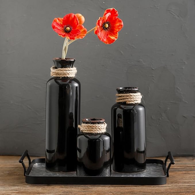 LUKA Ceramic Rustic Farmhouse Vase Set of 3,Terracotta Vases for Decor,Antique Vase for Your Bedroom,Office,Living Room,Fireplace Decor,Housewarming （10+7.5+5 Inch）