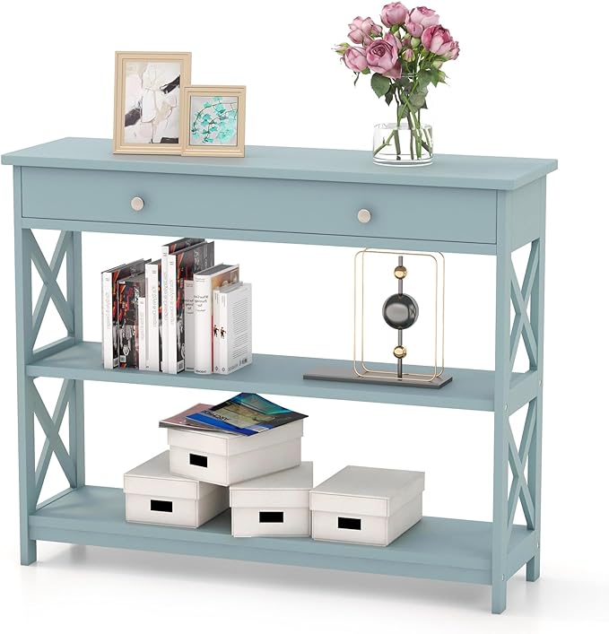 GOFLAME 39" Console Sofa Table with Drawers, 3-Tier Narrow Entry Table with Storage Shelves for Living Room Behind Couch, Entryway, Hallway (Green)