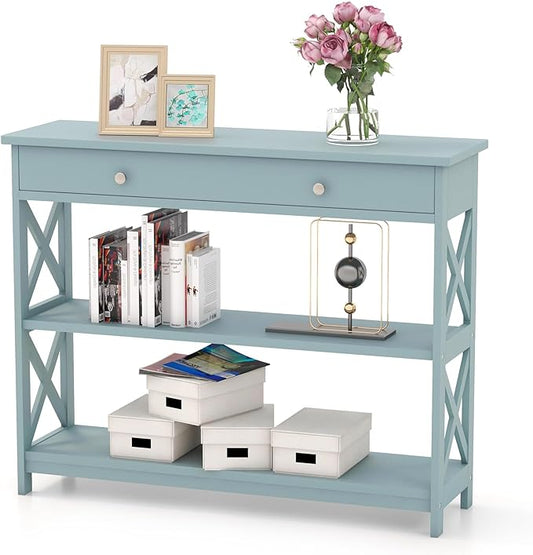 GOFLAME 39" Console Sofa Table with Drawers, 3-Tier Narrow Entry Table with Storage Shelves for Living Room Behind Couch, Entryway, Hallway (Green)