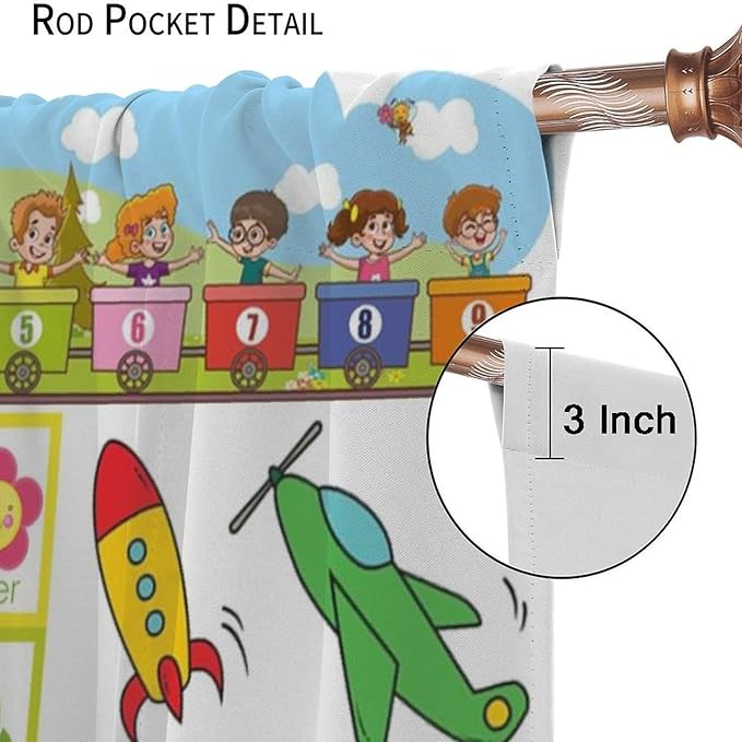 Alphabet Curtains，Numeration Table and Catoon Transportation Pattern Blackout Print Window Drapes for Kids Bedroom Living Room 63x63 Inch