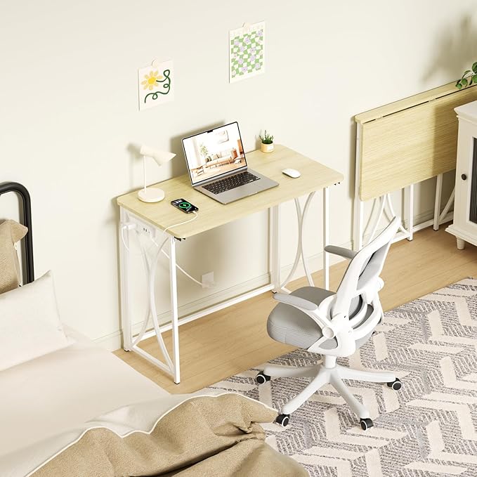 Folding Table, 31.5" Small Desk for Bedroom with Power Outlet, Space Saving Foldable Computer Desk for Home Office, Easy Assembly, Beige