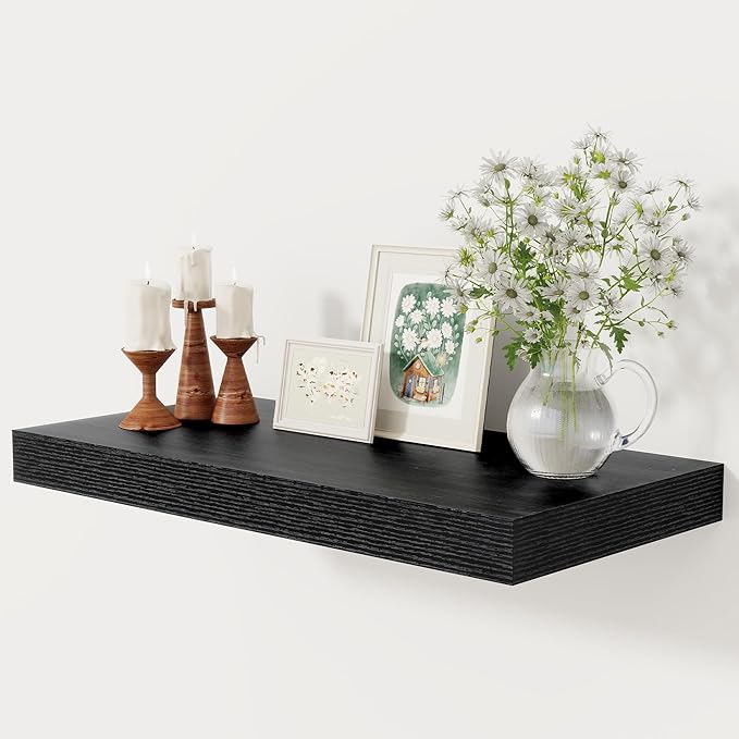 12 Inch Deep Black Floating Shelves, 24 x 12 Floating Shelf for Books, Rustic Wood Deep Wall Shelves for Home Storage & Display, 2" Thicked Shelves for Kitchen, Living Room, Bedroom, 1 Pack