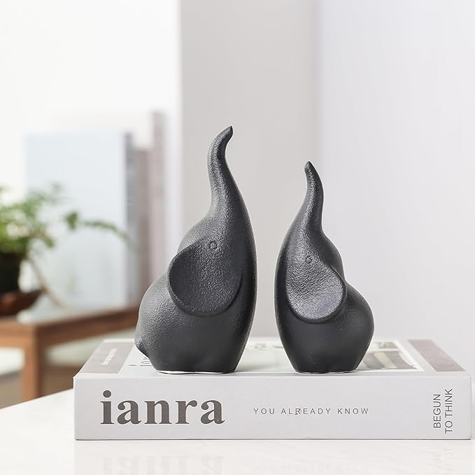 Ceramic Elephant Figurines with Trunk Up, Pair Couples Loving Elephant Statue, Small Figurines Sculpture African Home Decor, Valentine Elephants Gifts for Women, Wedding Knick Knacks（Black）