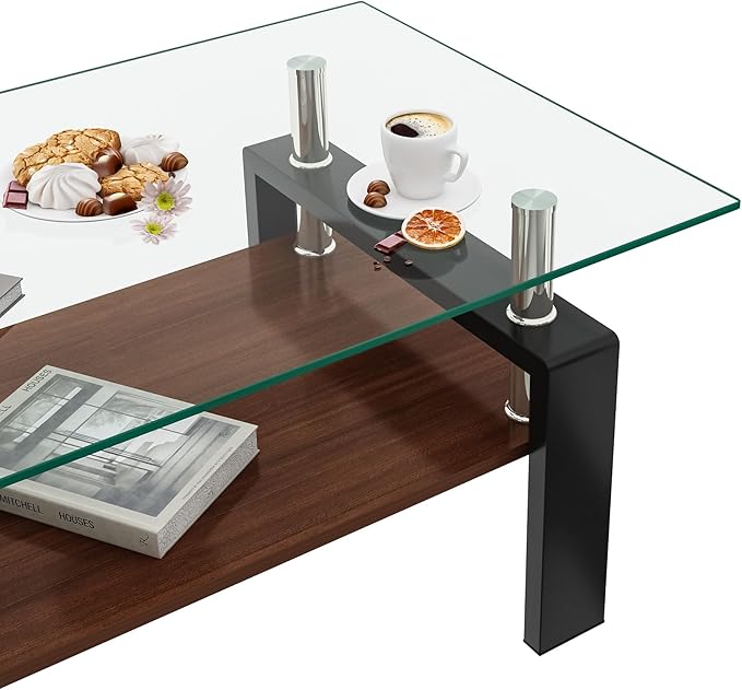 Coffee Table for Living Room, Modern Rectangle Tempered Glass Center Table with MDF Storage Shelf, 220lbs Load-Bearing for Small Space, Apartment, Office (Transparent + Black + Tempered Glass)
