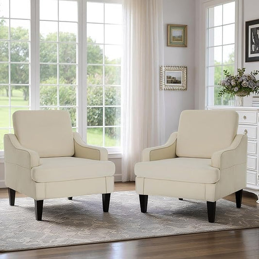 Accent Chair for Living Room,Mid-Century Arm Chair Fabric Living Room Chairs,Upholstered Reading Chair for Bedroom,Single Sofa Chair with Wood Legs for Apartment,Beige,2 Pack